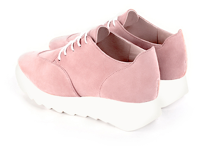 Light pink women's casual lace-up shoes. Square toe. Low rubber soles. Rear view - Florence KOOIJMAN